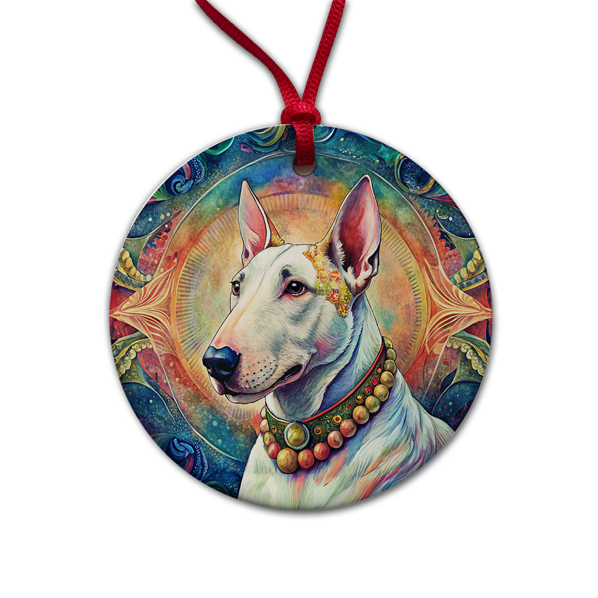 Bull Terrier Dog Bohemian Art Round Ceramic Holiday Christmas Tree Ornament