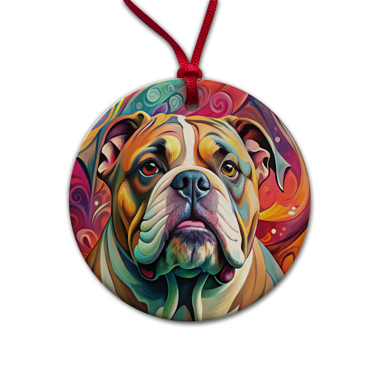 Bulldog Dog Abstract Art Round Ceramic Holiday Christmas Tree Ornament