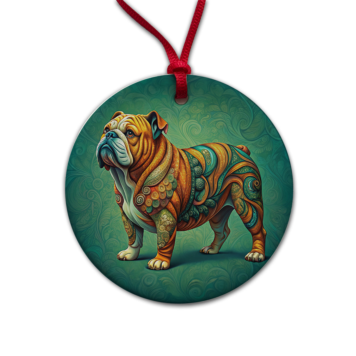 Bulldog Dog Art Nouveau Round Ceramic Holiday Christmas Tree Ornament