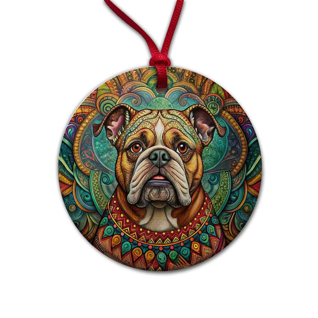 Bulldog Dog Bohemian Art Round Ceramic Holiday Christmas Tree Ornament