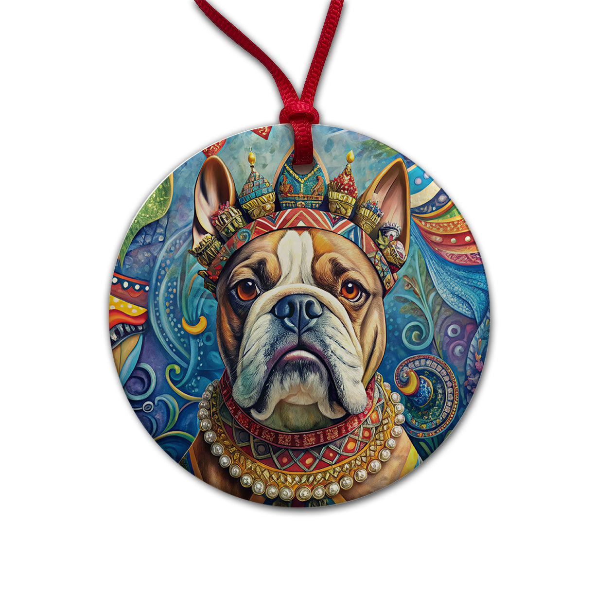 Bulldog Dog French Bohemian Art Round Ceramic Holiday Christmas Tree Ornament
