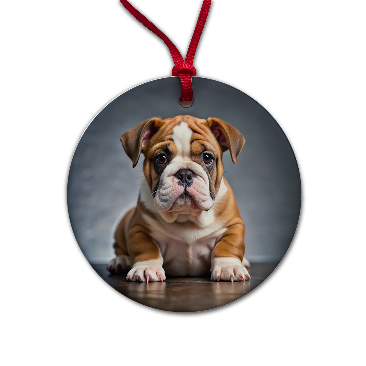 Bulldog Puppy Photo Round Ceramic Holiday Christmas Tree Ornament