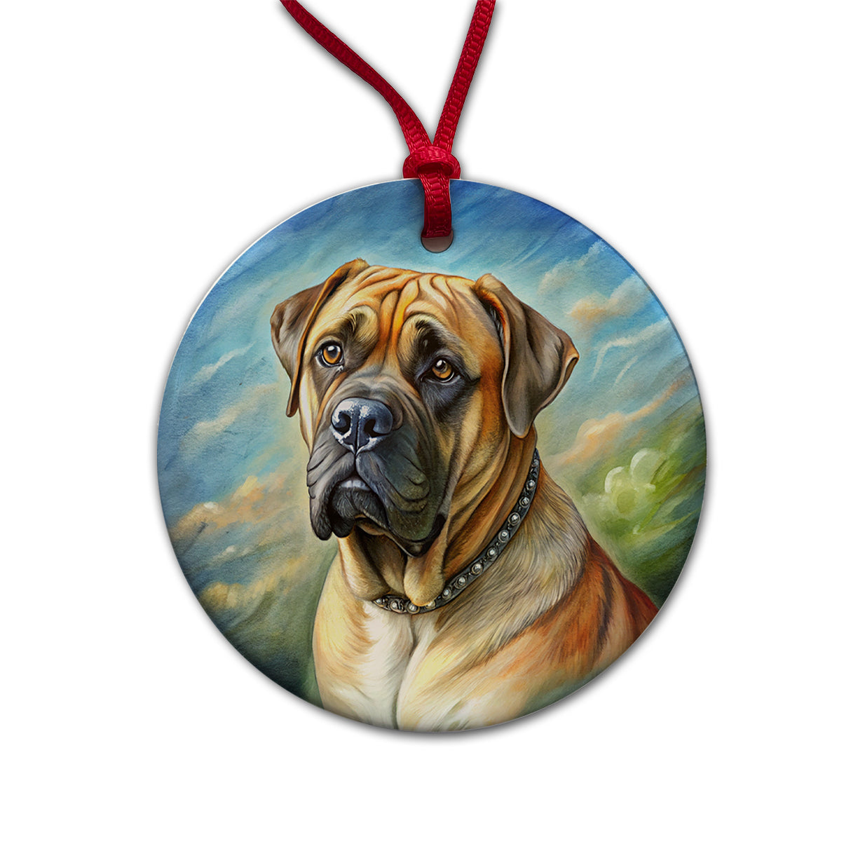 Bullmastiff Dog Illustration Round Ceramic Holiday Christmas Tree Ornament