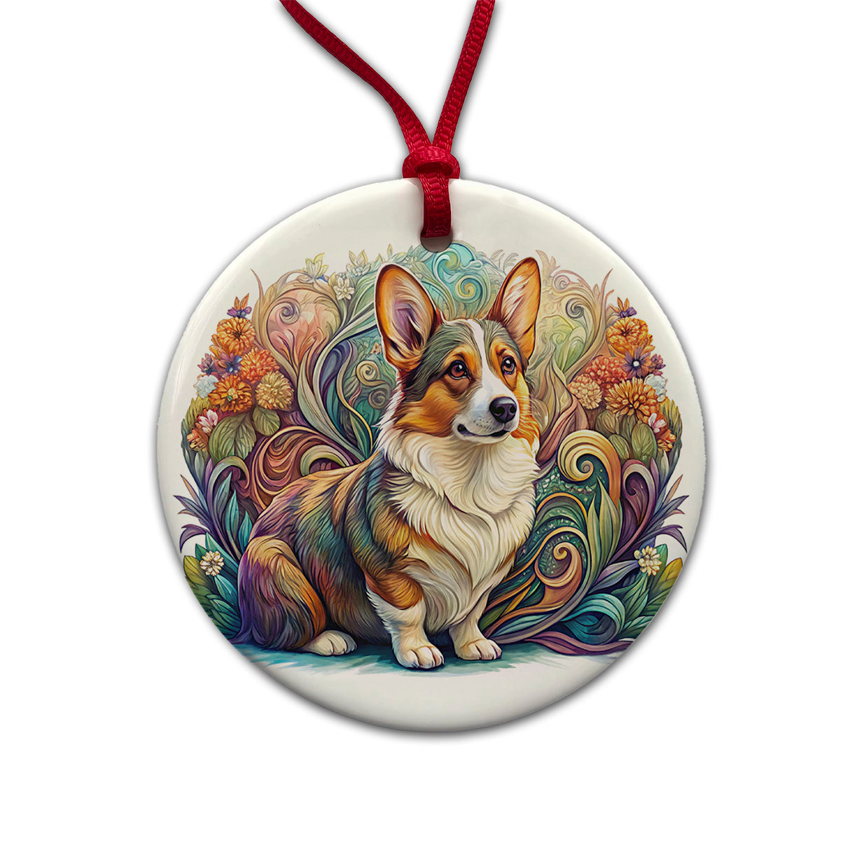 Cardigan Welsh Corgi Dog Art Nouveau Round Ceramic Holiday Christmas Tree Ornament