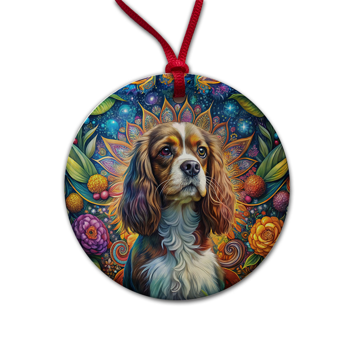 Cavalier King Charles Spaniel Dog Bohemian Art Round Ceramic Holiday Christmas Tree Ornament