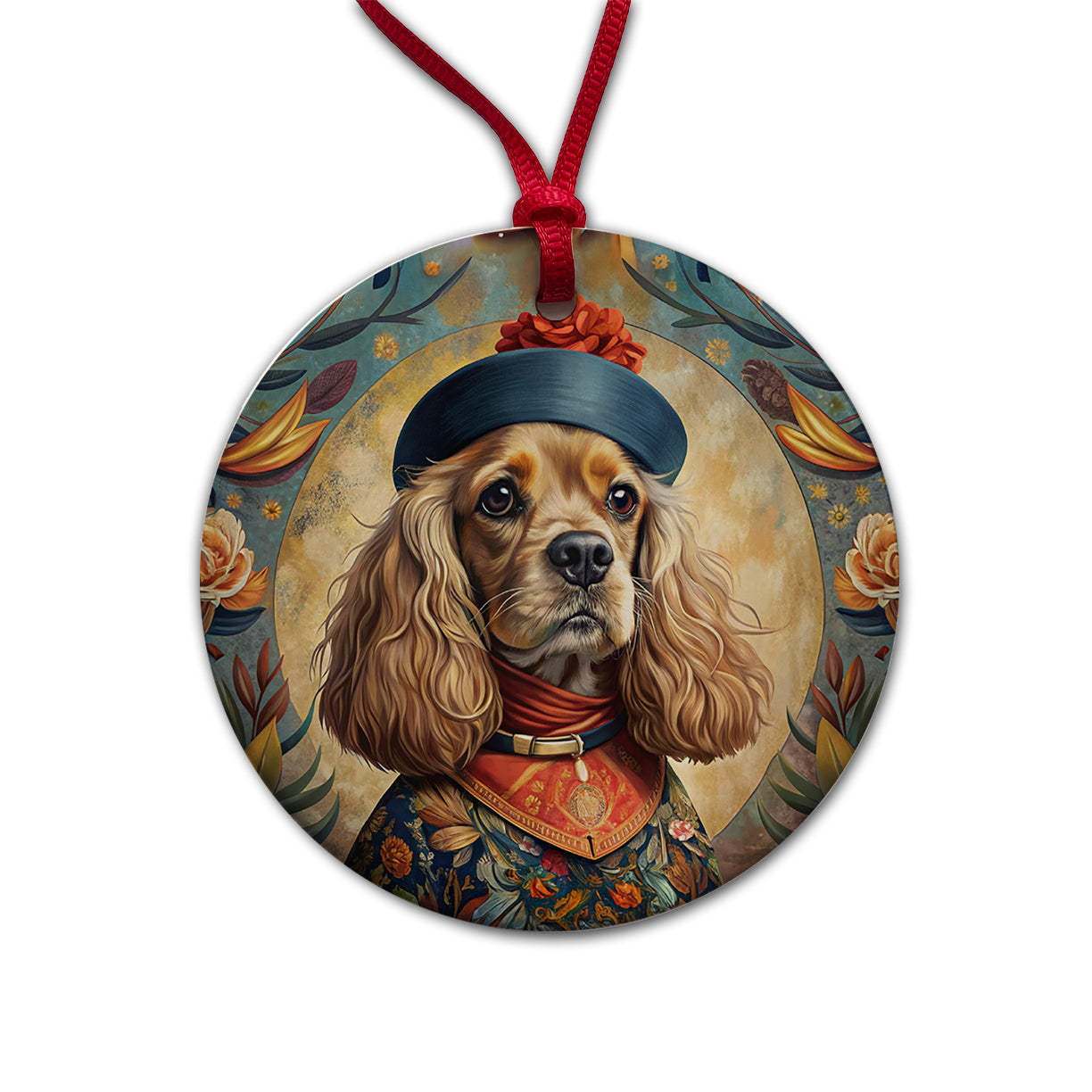 Cavalier King Charles Spaniel Dog French Bohemian Art Round Ceramic Holiday Christmas Tree Ornament