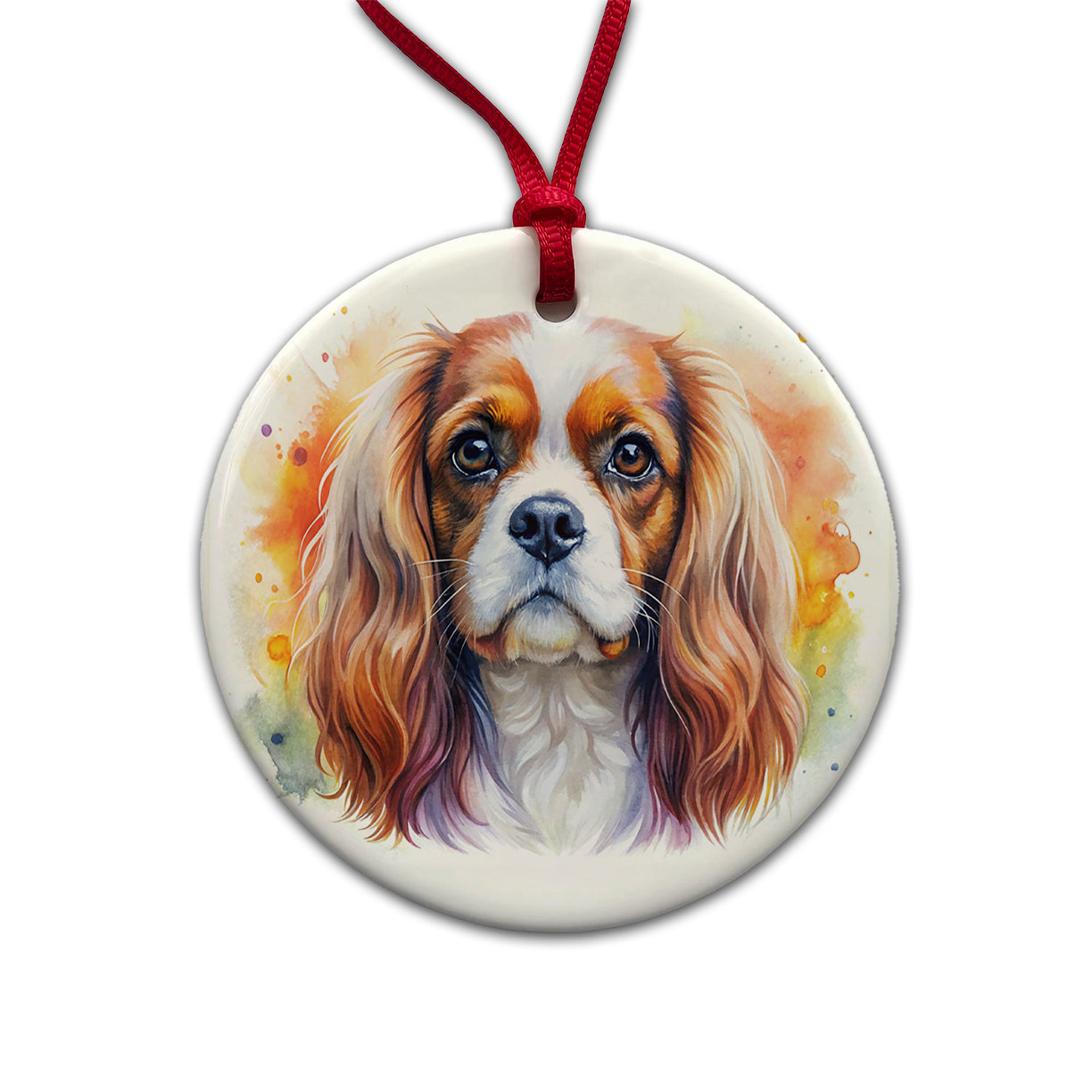Cavalier King Charles Spaniel Dog Watercolor Style Round Ceramic Holiday Christmas Tree Ornament