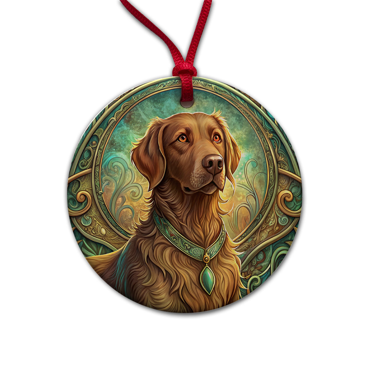 Chesapeake Bay Retriever Dog Art Nouveau Round Ceramic Holiday Christmas Tree Ornament