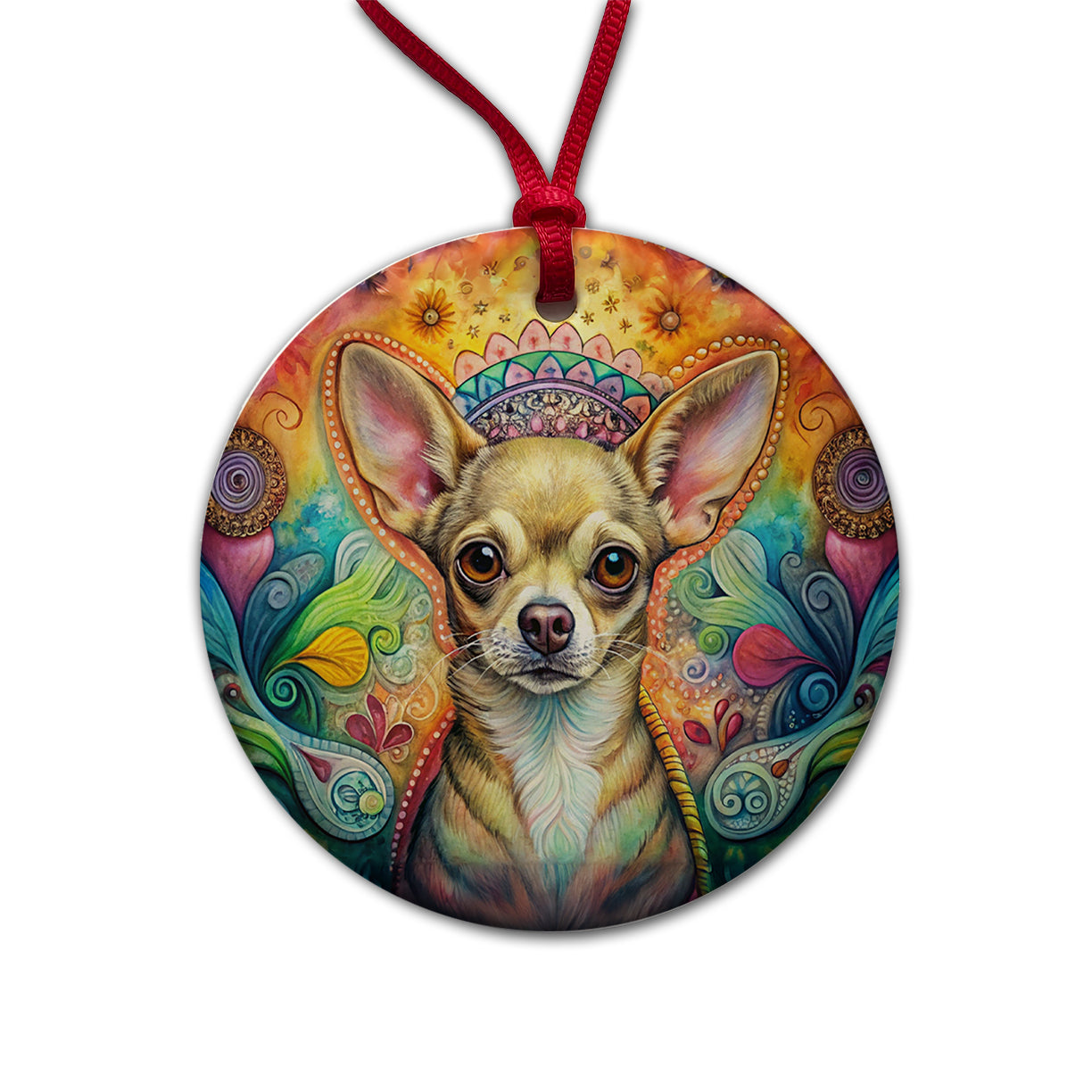 Chihuahua Dog Bohemian Art Round Ceramic Holiday Christmas Tree Ornament