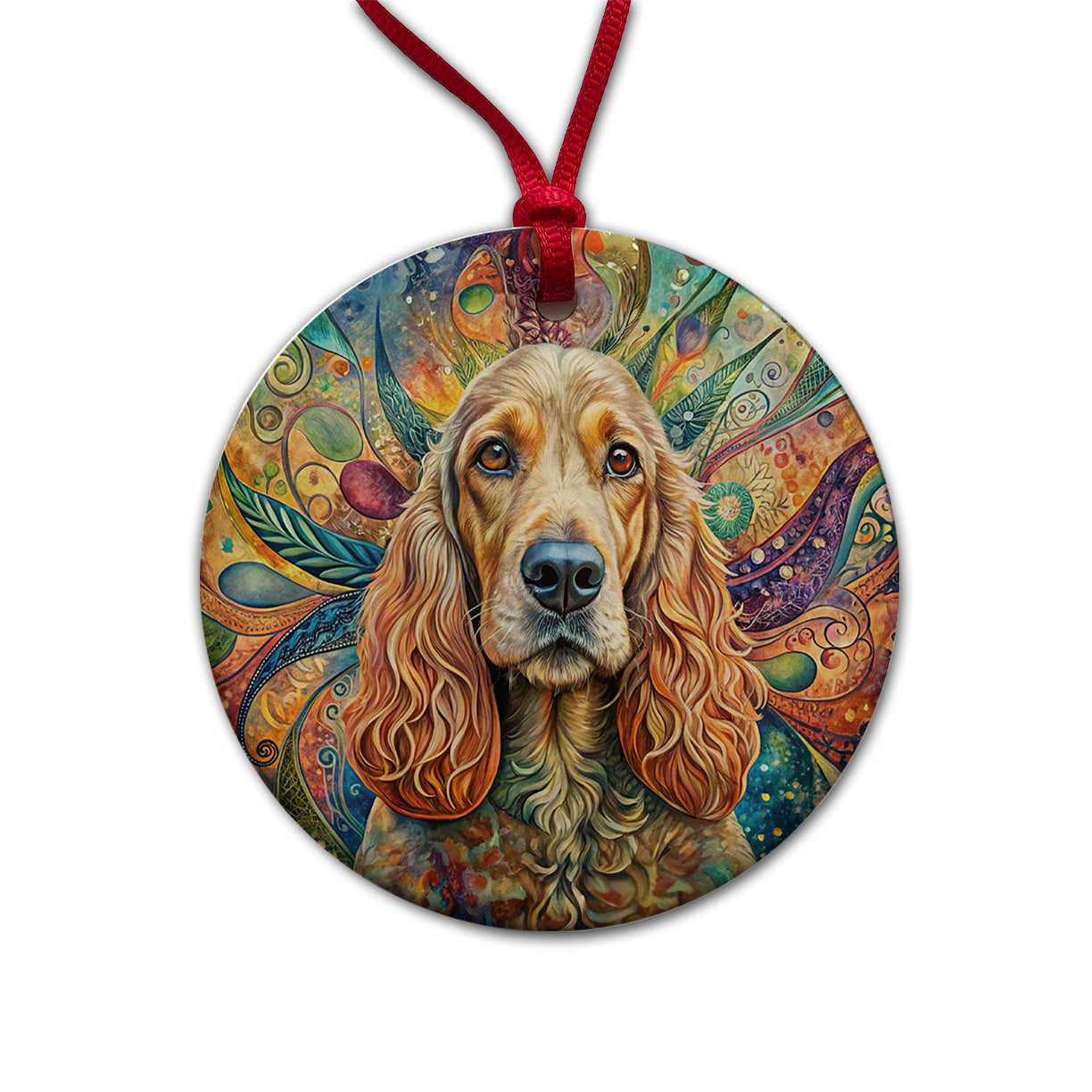 Cocker Spaniel Dog Bohemian Art Round Ceramic Holiday Christmas Tree Ornament