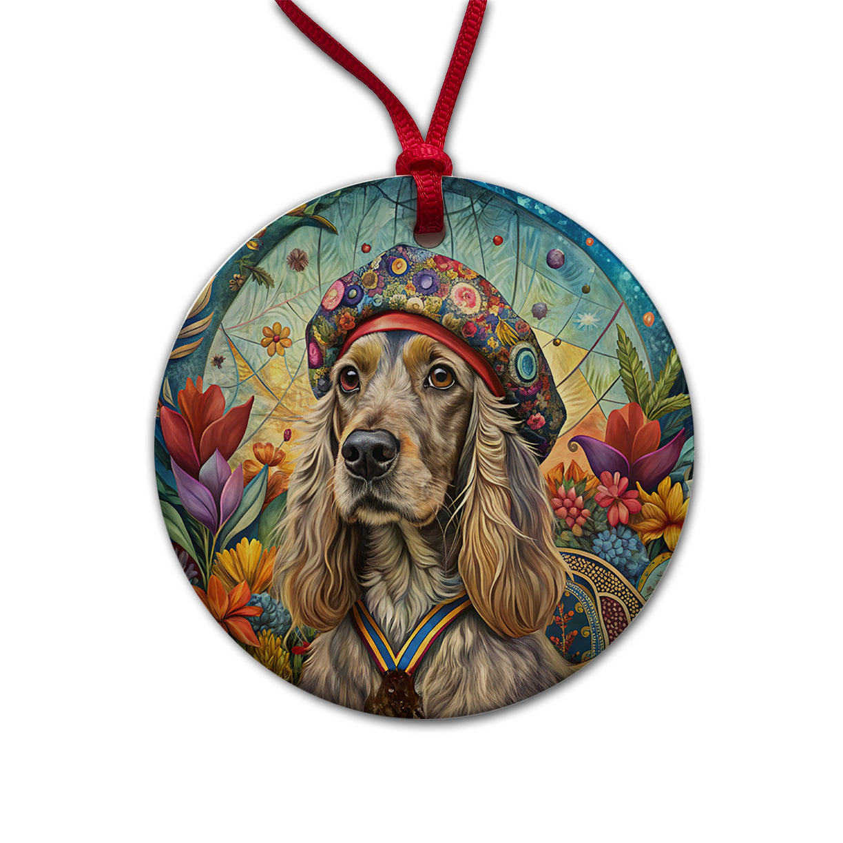 Cocker Spaniel Dog French Bohemian Art Round Ceramic Holiday Christmas Tree Ornament