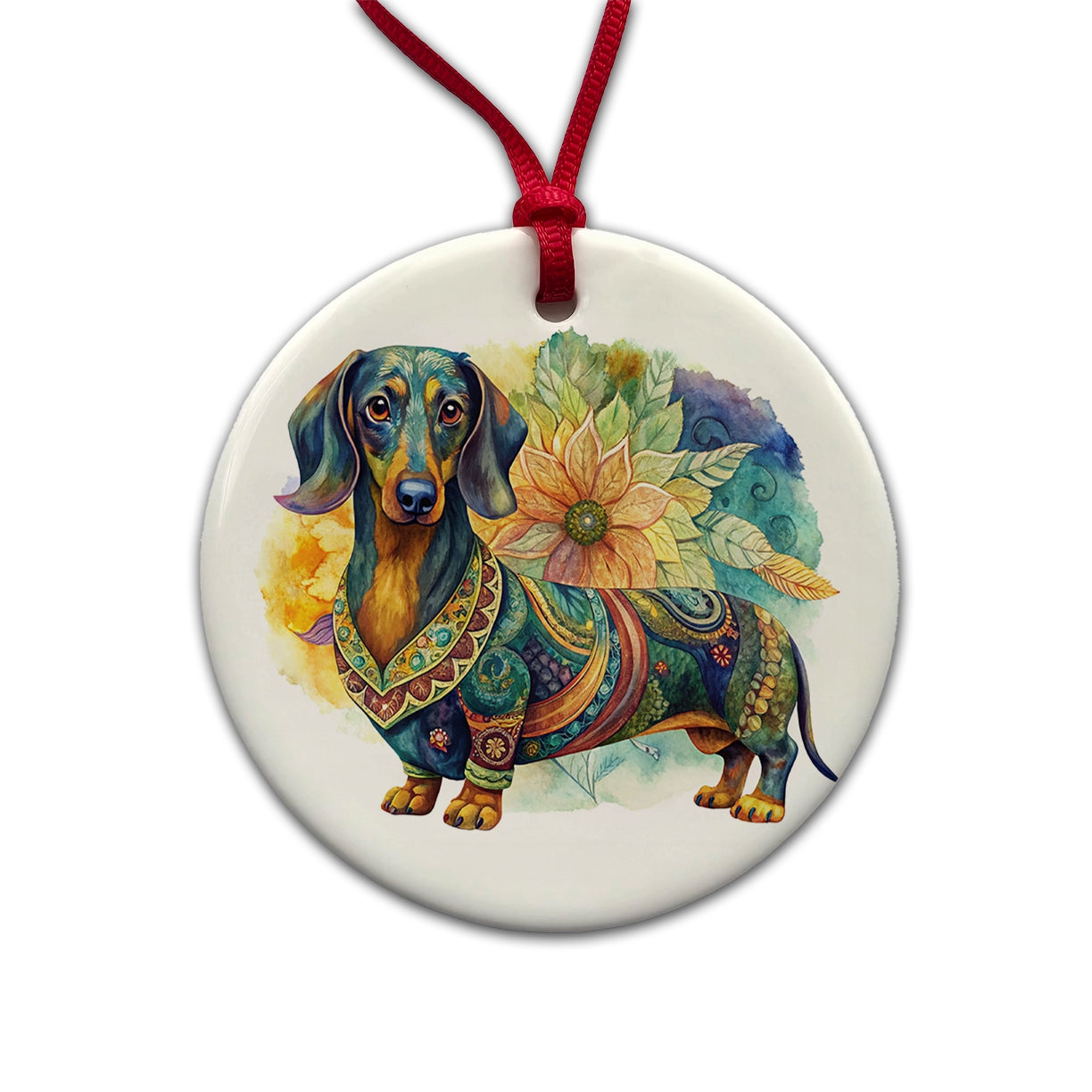Dachshund Dog Bohemian Art Round Ceramic Holiday Christmas Tree Ornament