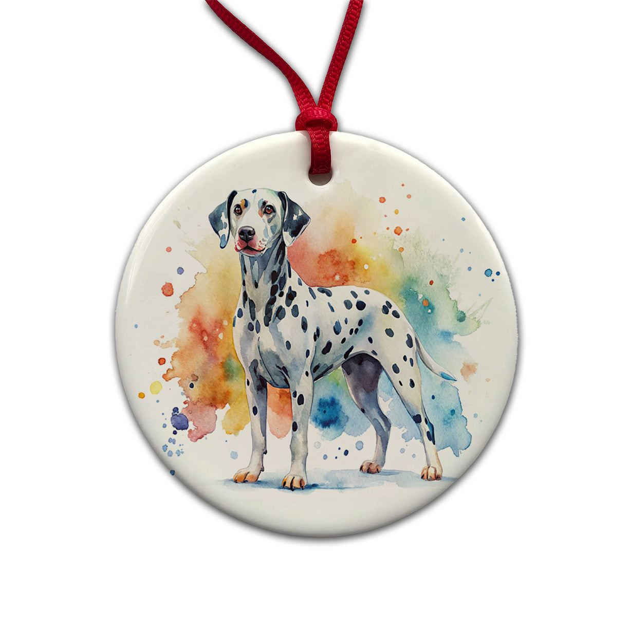 Dalmatian Dog Watercolor Style Round Ceramic Holiday Christmas Tree Ornament