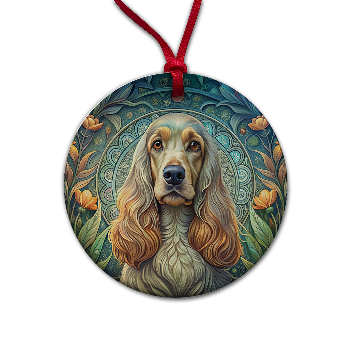 English Cocker Spaniel Dog Art Nouveau Round Ceramic Holiday Christmas Tree Ornament
