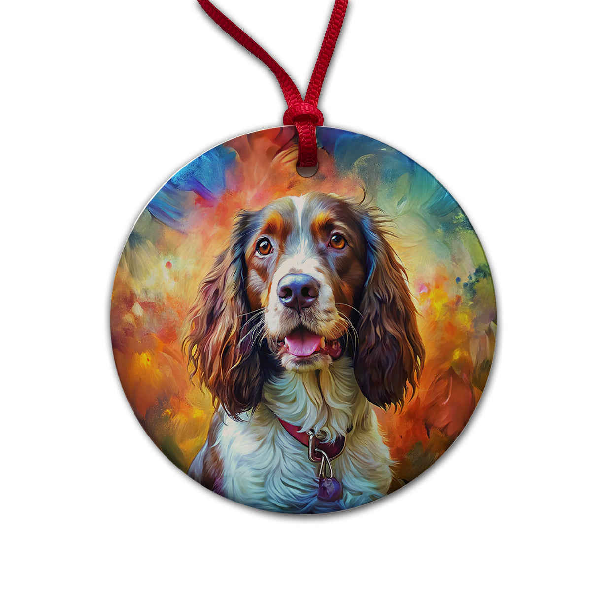 English Springer Spaniel Dog Expressionism Art Round Ceramic Holiday Christmas Tree Ornament