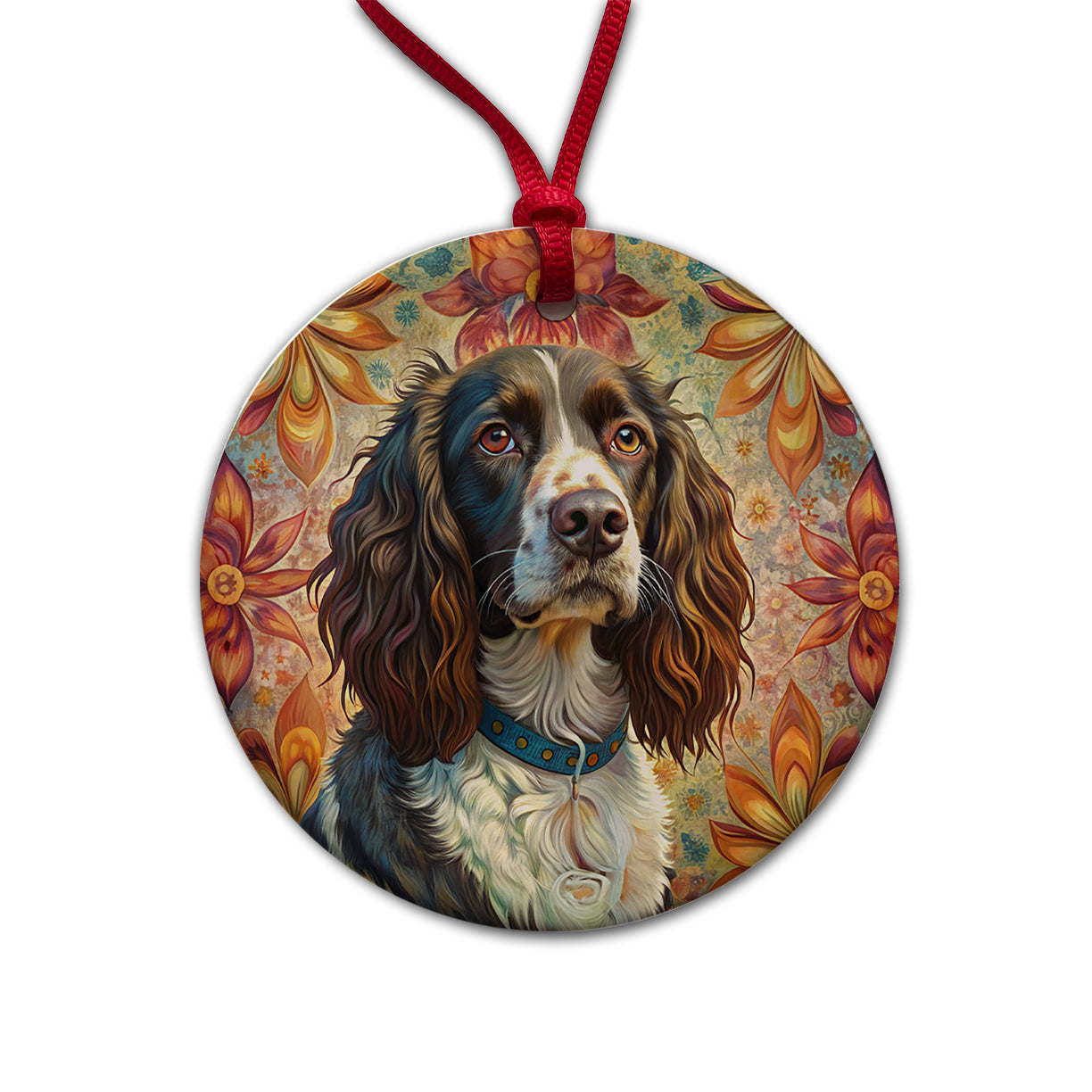 English Springer Spaniel Dog French Bohemian Art Round Ceramic Holiday Christmas Tree Ornament