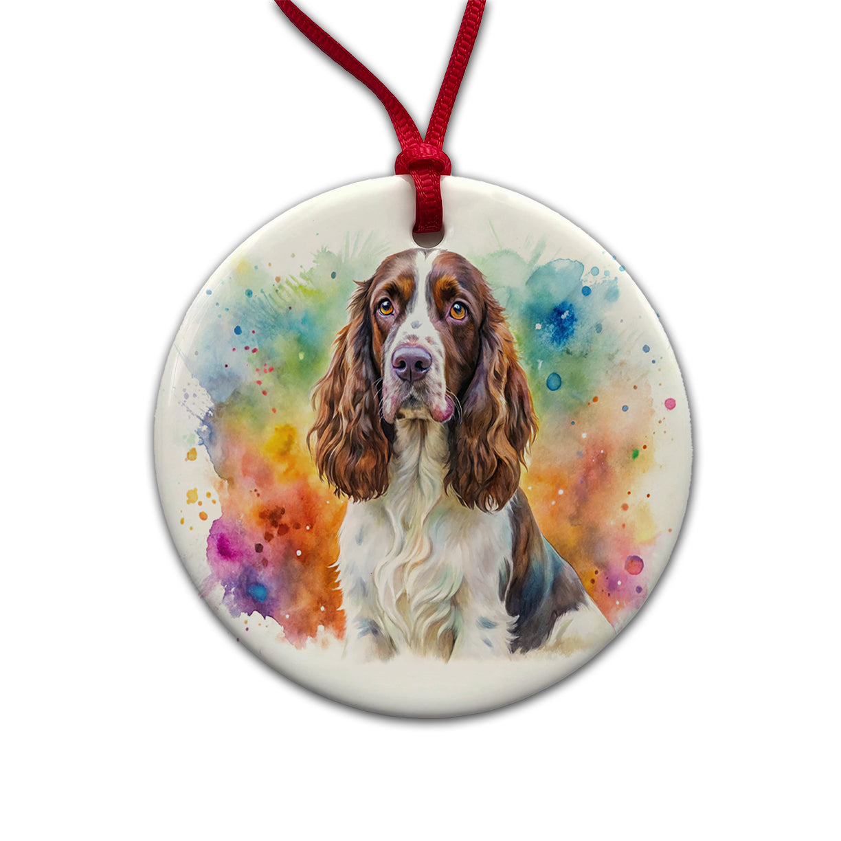 English Springer Spaniel Dog Watercolor Style Round Ceramic Holiday Christmas Tree Ornament