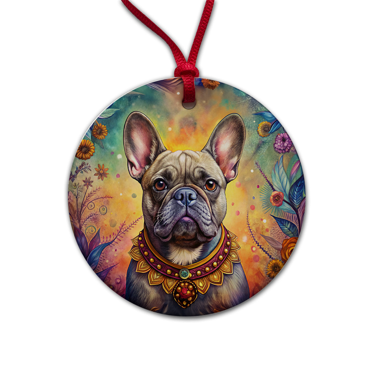 French Bulldog Frenchie Dog Bohemian Art Round Ceramic Holiday Christmas Tree Ornament