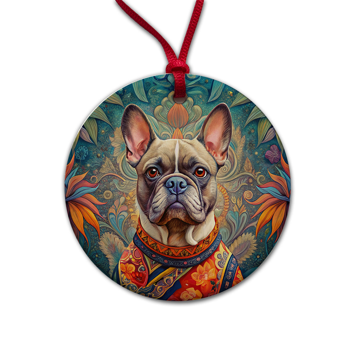 French Bulldog Frenchie Dog French Bohemian Art Round Ceramic Holiday Christmas Tree Ornament