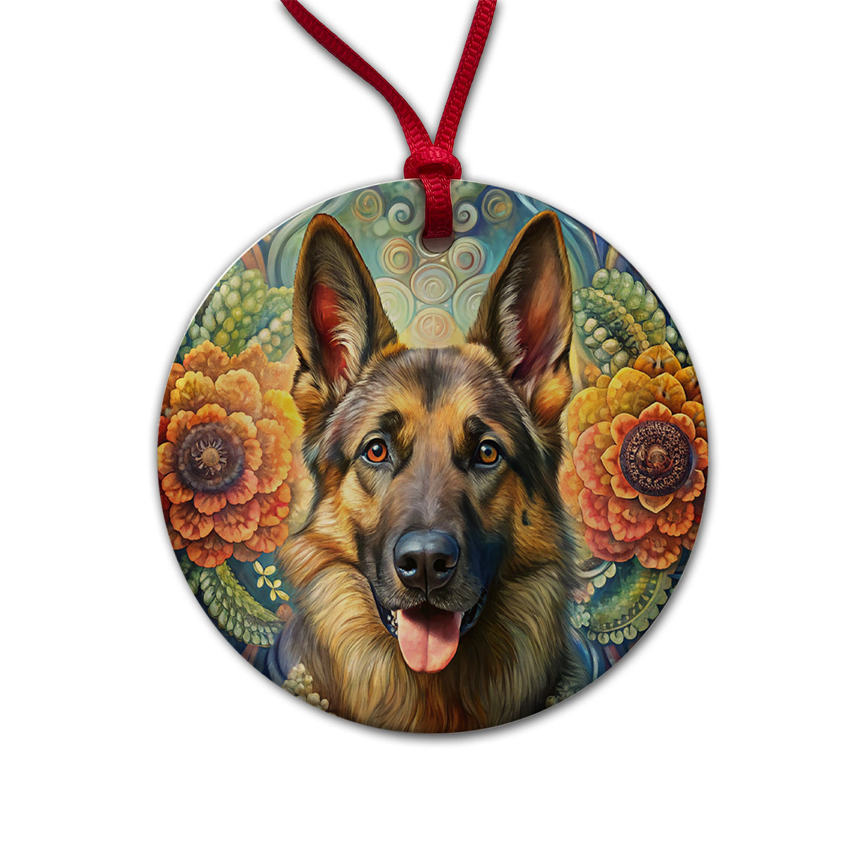 German Shepherd Dog Bohemian Art Round Ceramic Holiday Christmas Tree Ornament