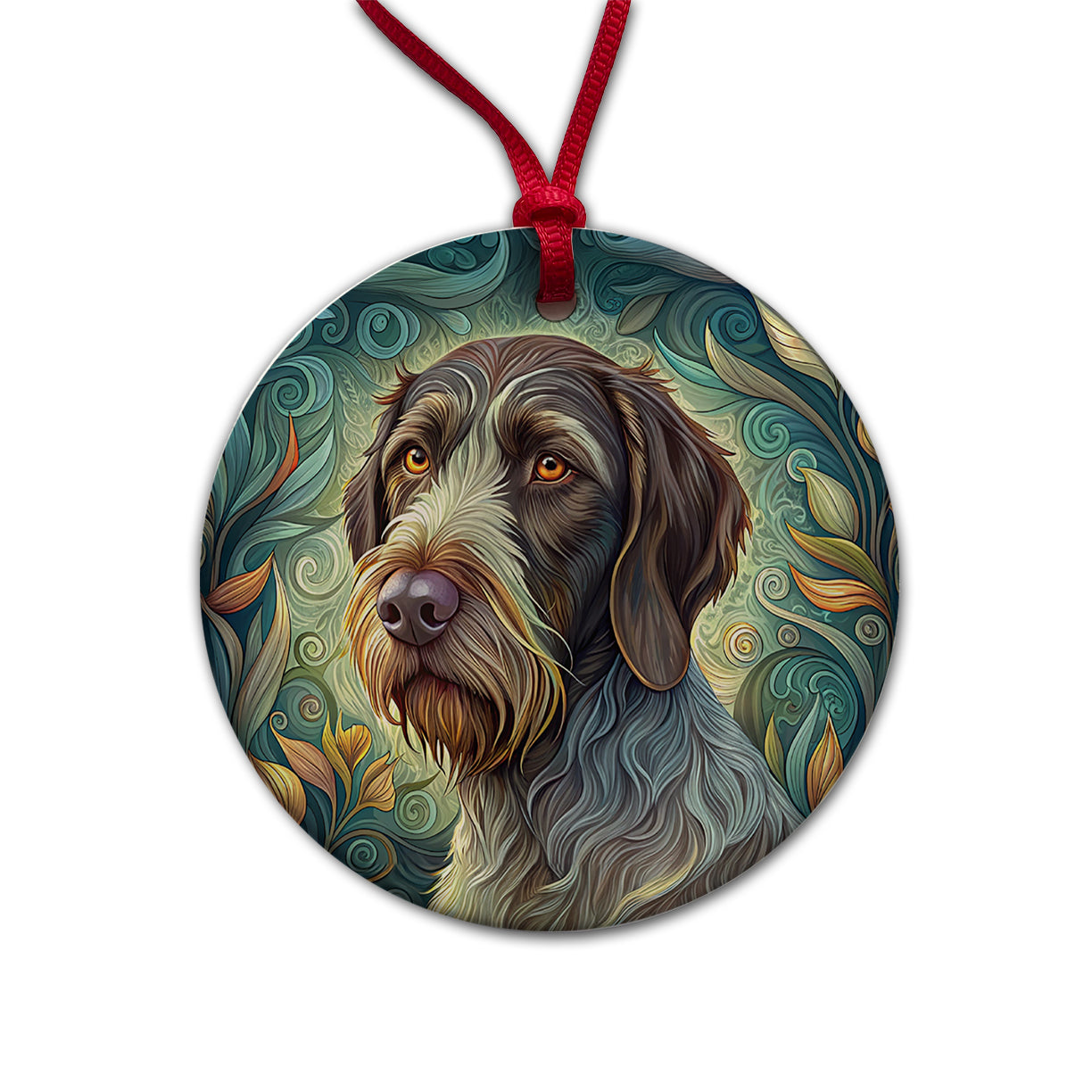 German Wirehaired Pointer Dog Art Nouveau Round Ceramic Holiday Christmas Tree Ornament
