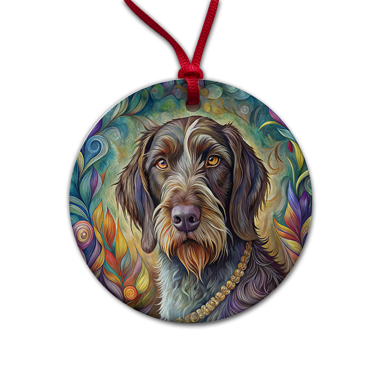 German Wirehaired Pointer Dog Bohemian Art Round Ceramic Holiday Christmas Tree Ornament