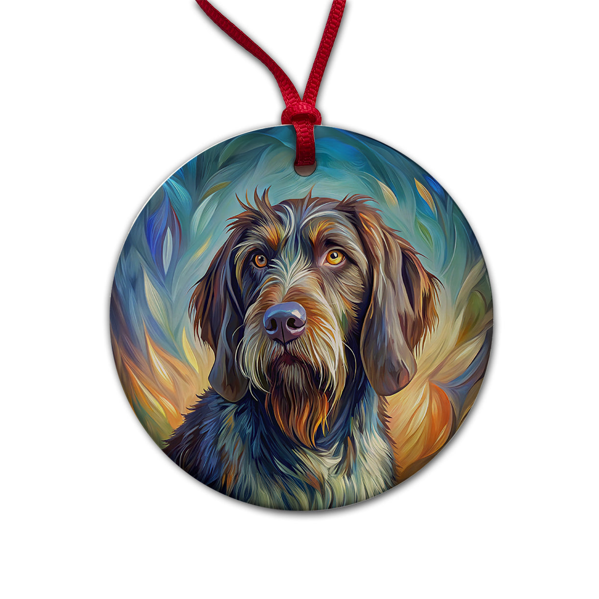 German Wirehaired Pointer Dog Expressionism Art Round Ceramic Holiday Christmas Tree Ornament