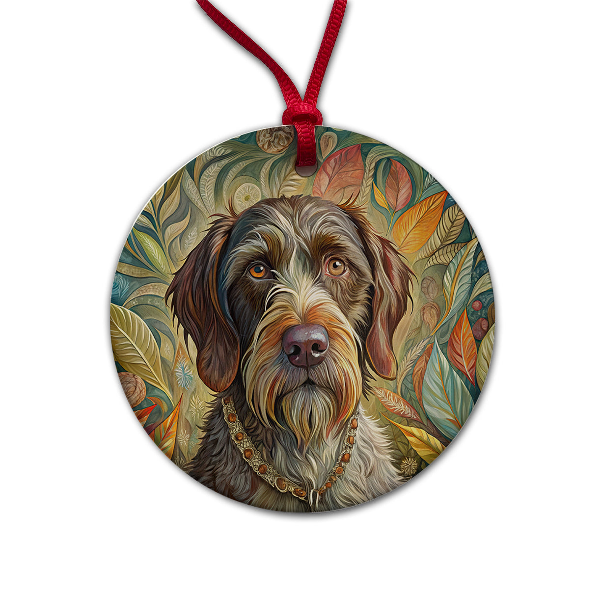 German Wirehaired Pointer Dog French Bohemian Art Round Ceramic Holiday Christmas Tree Ornament