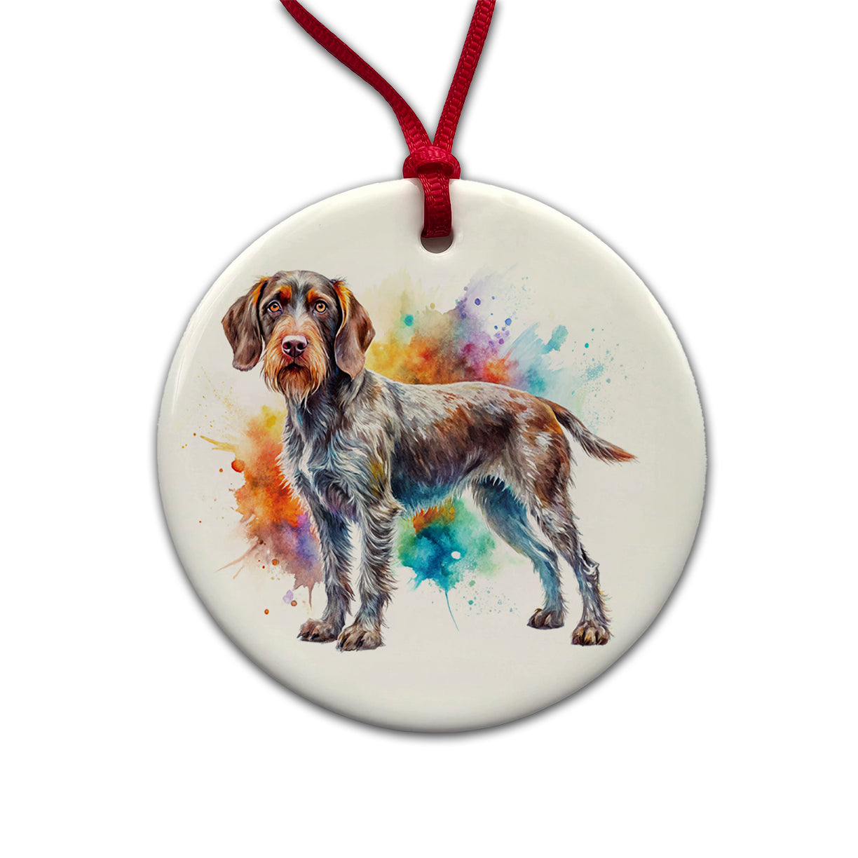 German Wirehaired Pointer Dog Watercolor Style Round Ceramic Holiday Christmas Tree Ornament