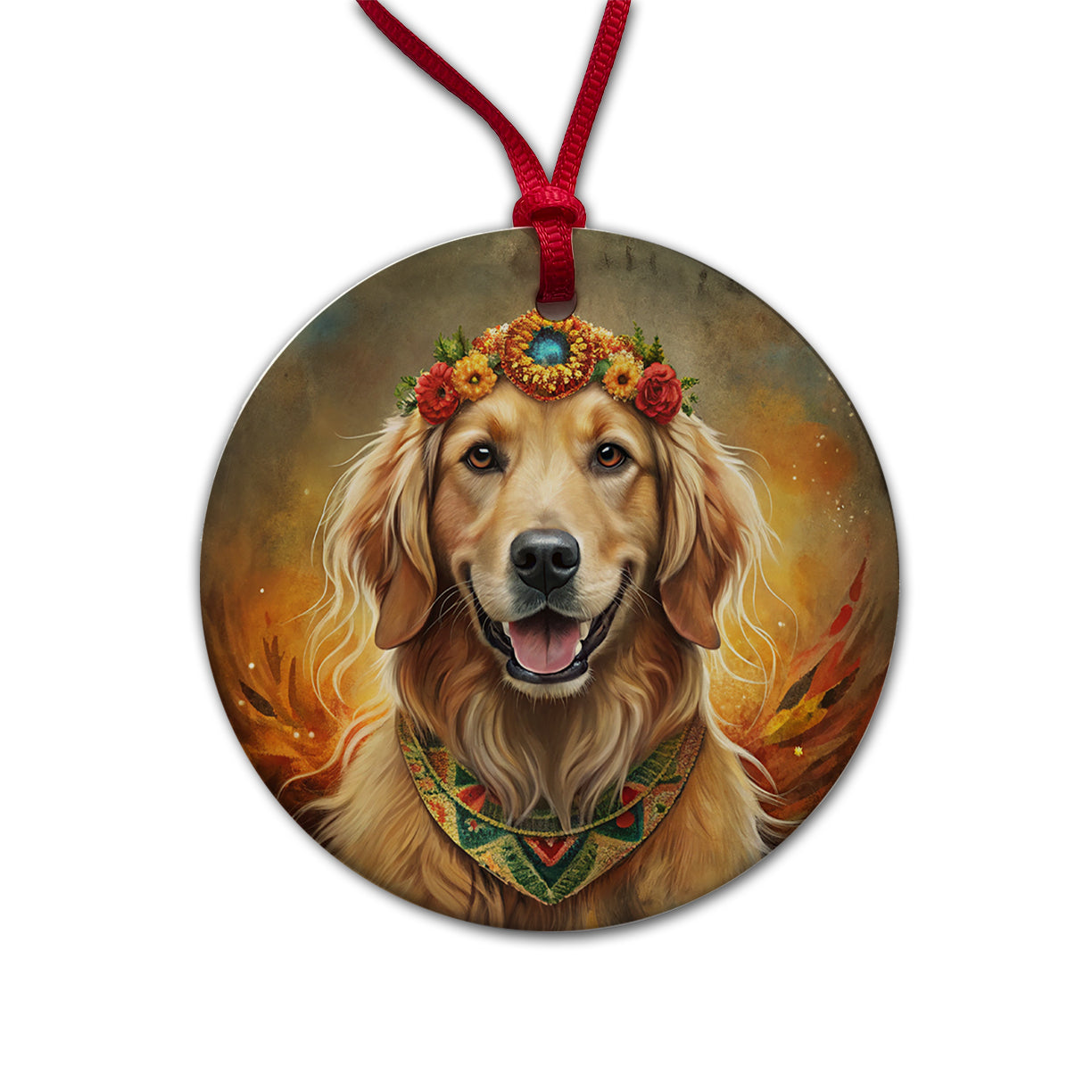 Golden Retriever Dog Bohemian Art Round Ceramic Holiday Christmas Tree Ornament