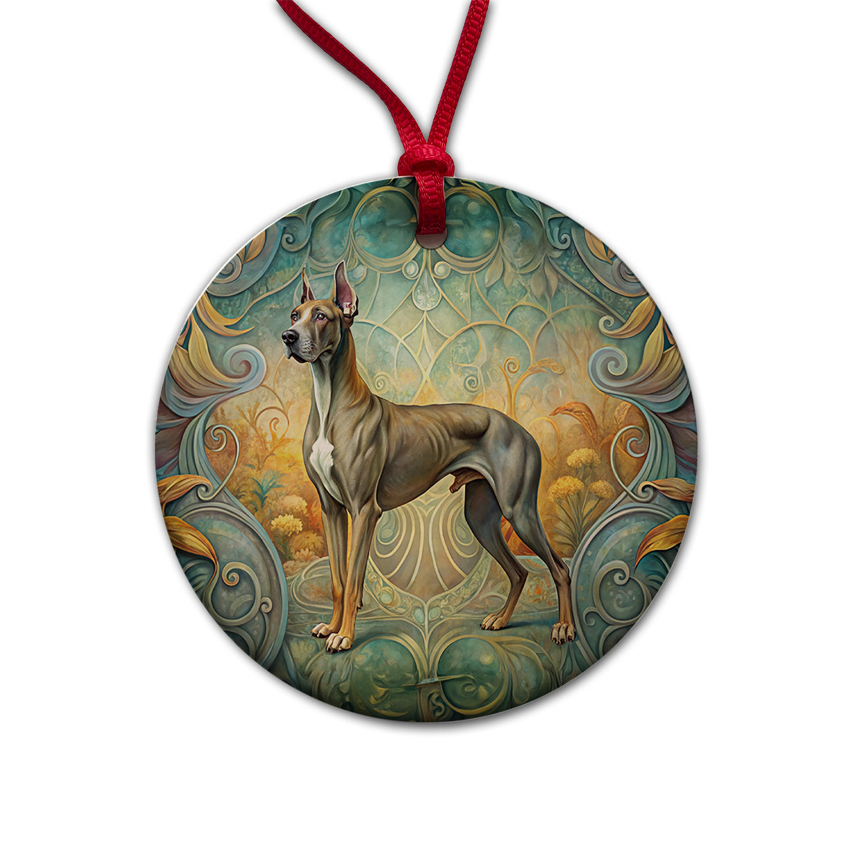Great Dane Dog Art Nouveau Round Ceramic Holiday Christmas Tree Ornament