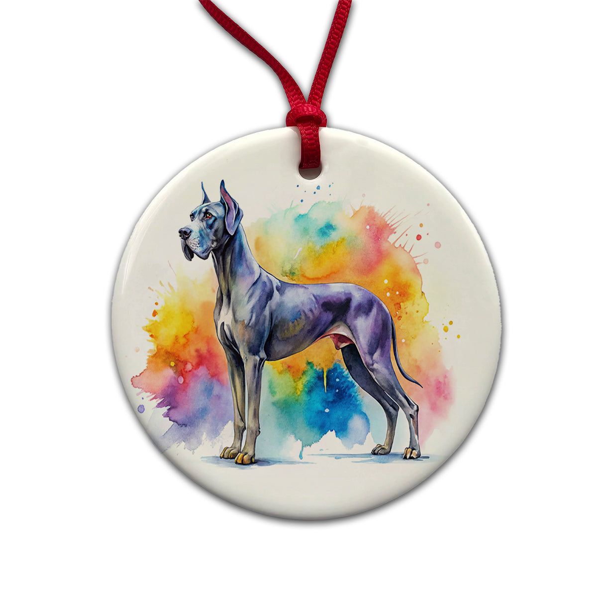 Great Dane Dog Watercolor Style Round Ceramic Holiday Christmas Tree Ornament