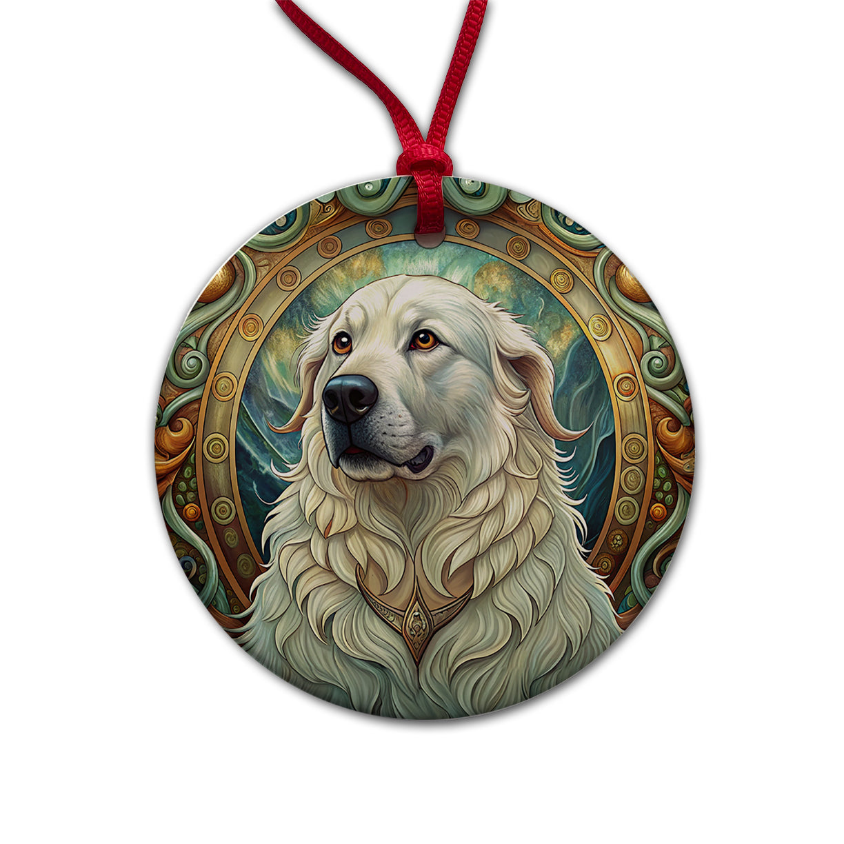 Great Pyrenees Dog Art Nouveau Round Ceramic Holiday Christmas Tree Ornament