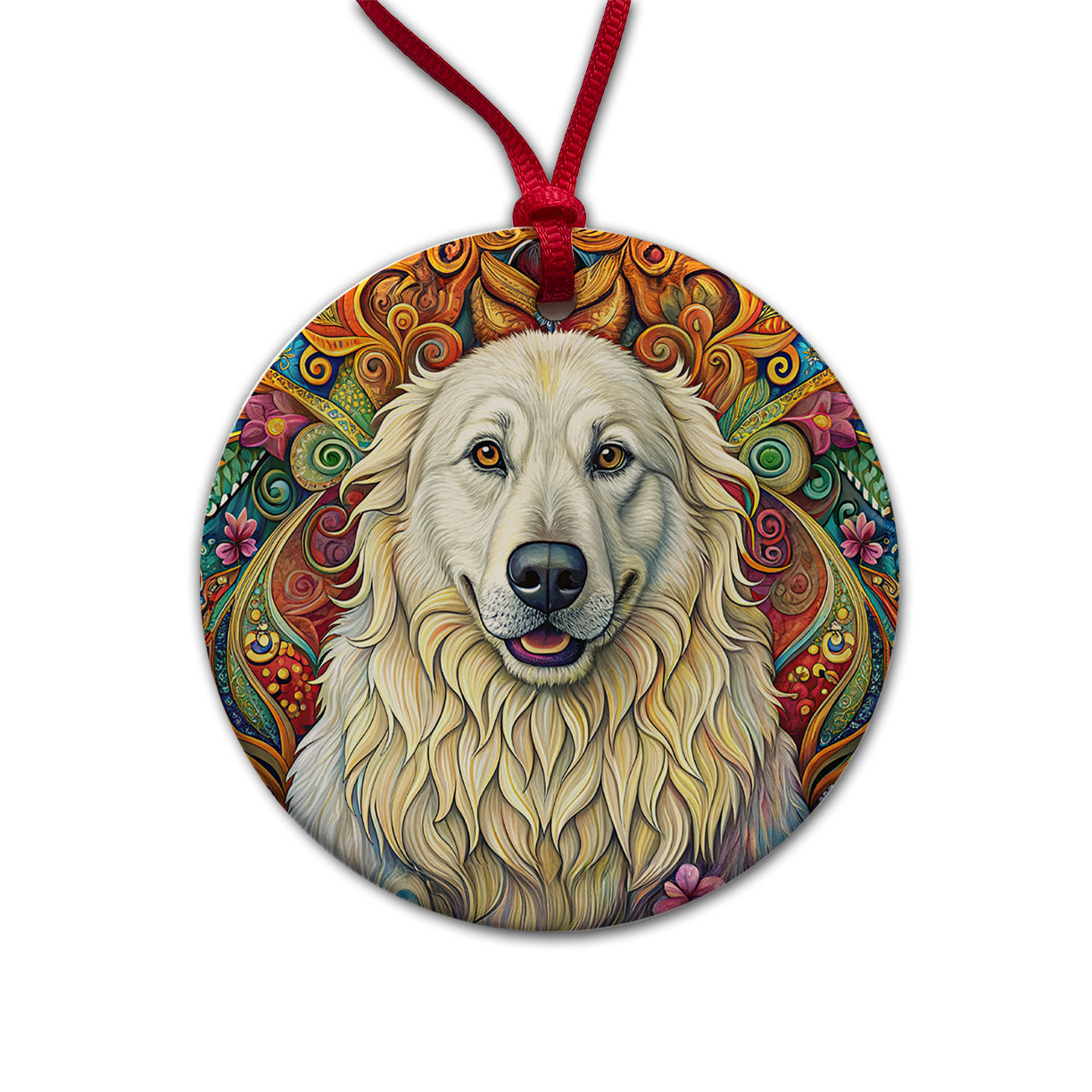 Great Pyrenees Dog Bohemian Art Round Ceramic Holiday Christmas Tree Ornament