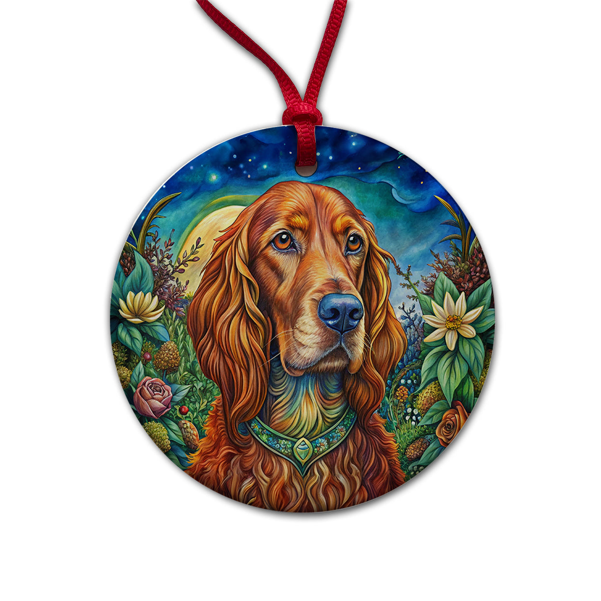 Irish Setter Dog Bohemian Art Round Ceramic Holiday Christmas Tree Ornament