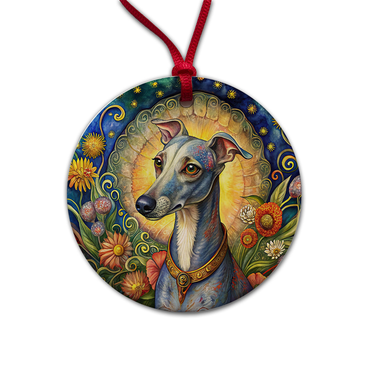 Italian Greyhound Dog French Bohemian Art Round Ceramic Holiday Christmas Tree Ornament