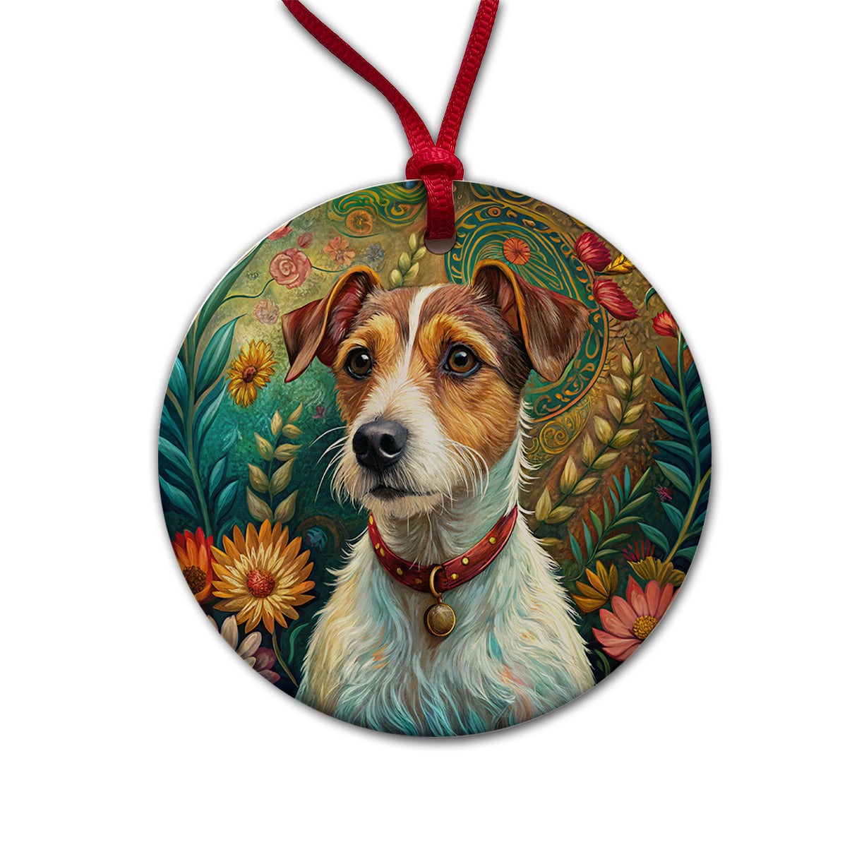 Jack Russell Terrier Dog French Bohemian Art Round Ceramic Holiday Christmas Tree Ornament