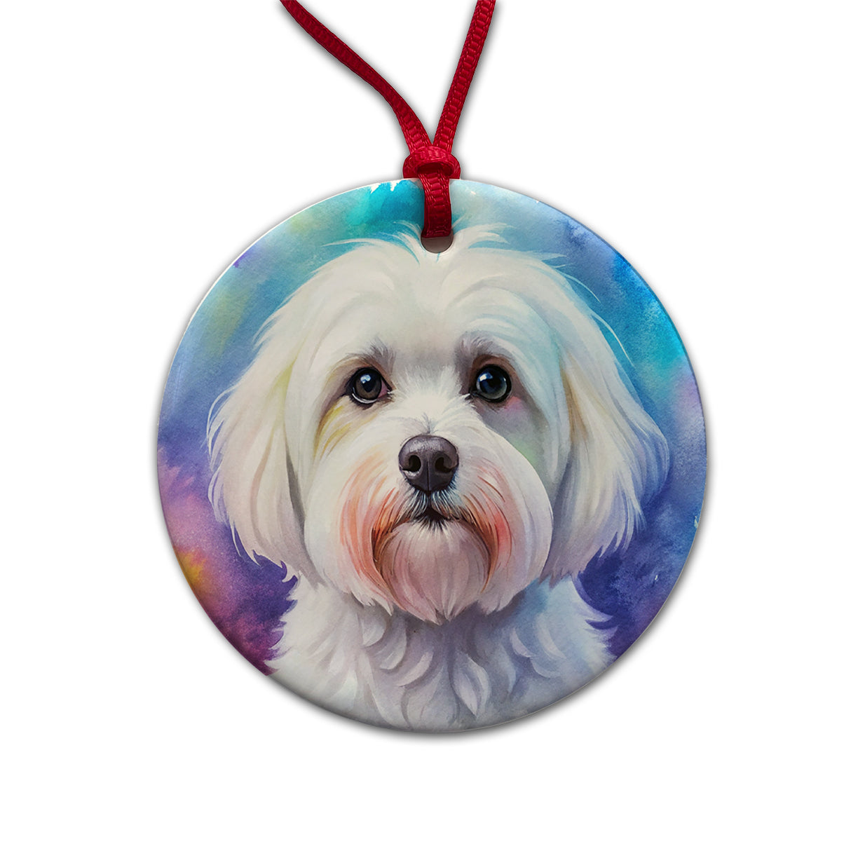 Maltese Dog Watercolor Style Round Ceramic Holiday Christmas Tree Ornament