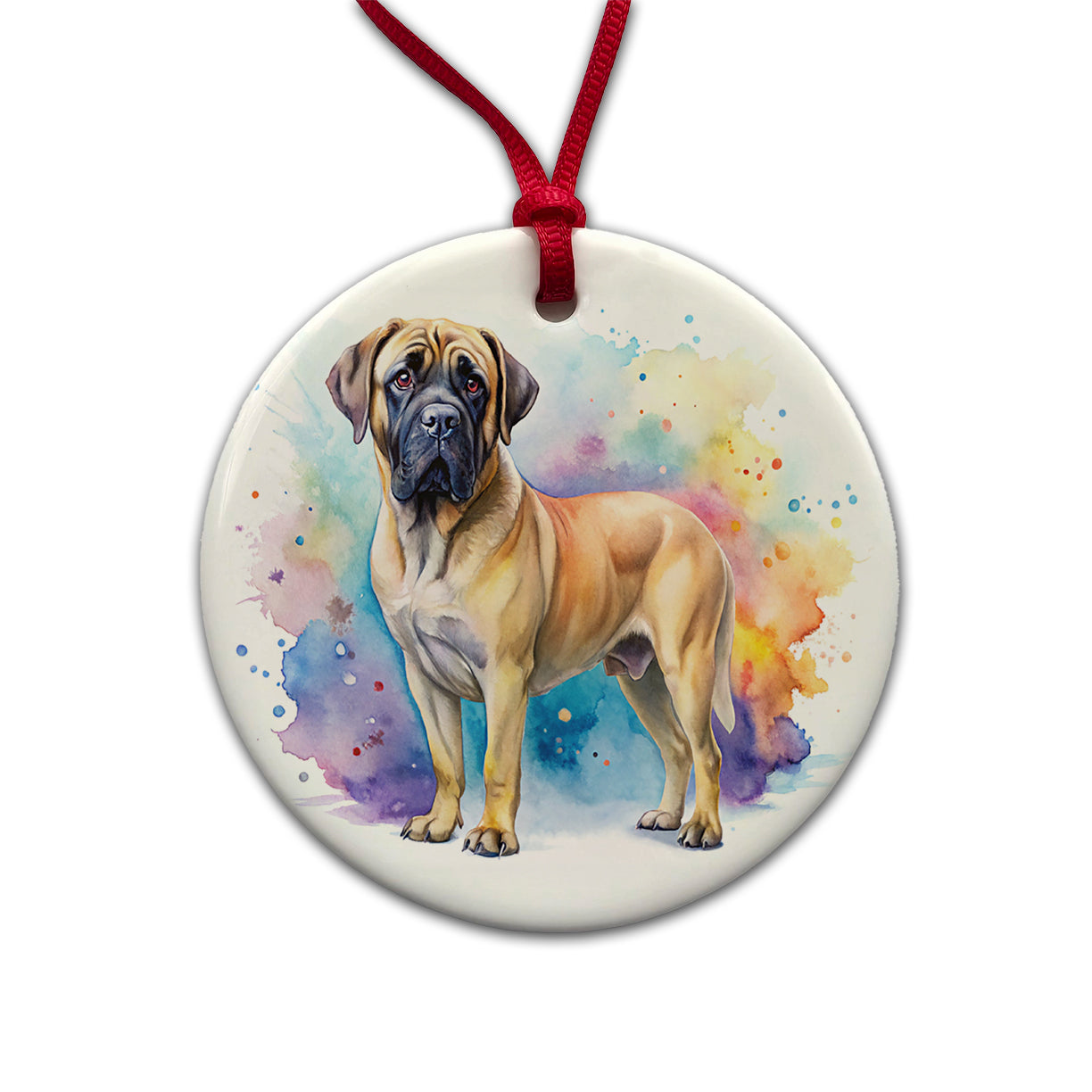 Mastiff Dog Watercolor Style Round Ceramic Holiday Christmas Tree Ornament