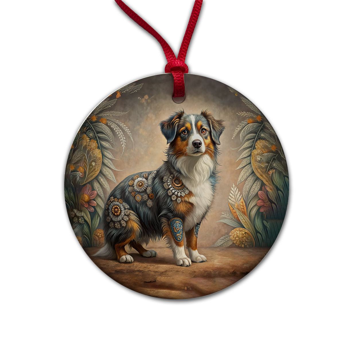 Miniature American Shepherd Dog Bohemian Art Round Ceramic Holiday Christmas Tree Ornament