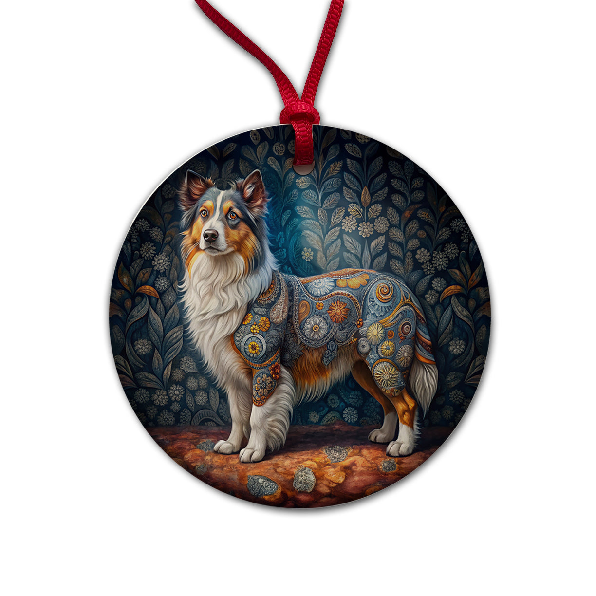 Miniature American Shepherd Dog French Bohemian Art Round Ceramic Holiday Christmas Tree Ornament