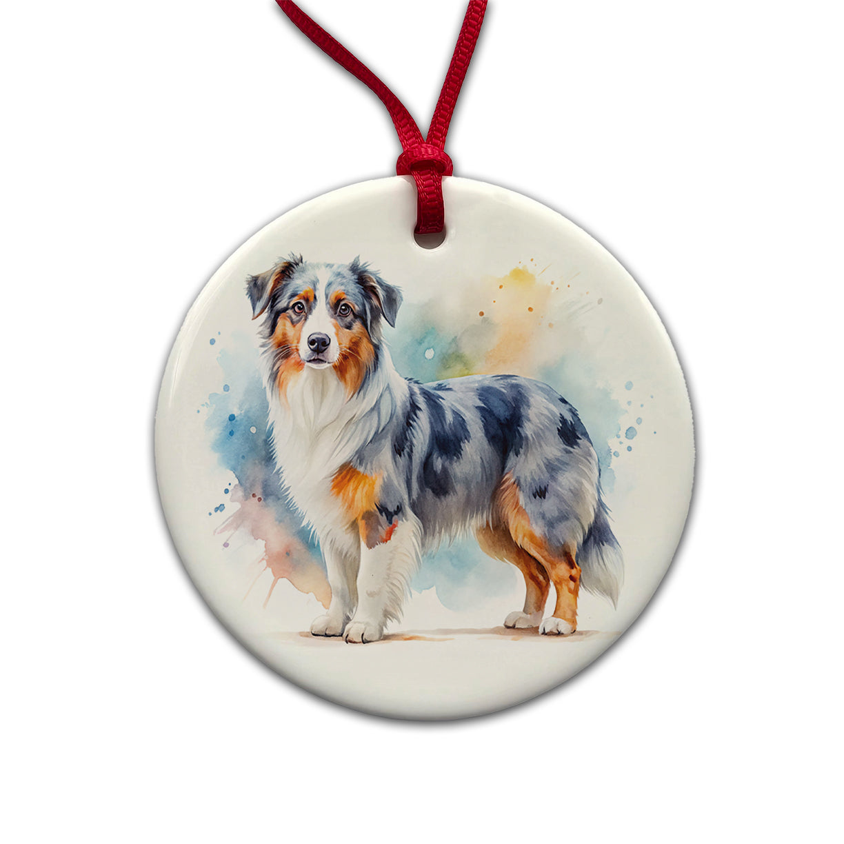 Miniature American Shepherd Dog Watercolor Style Round Ceramic Holiday Christmas Tree Ornament