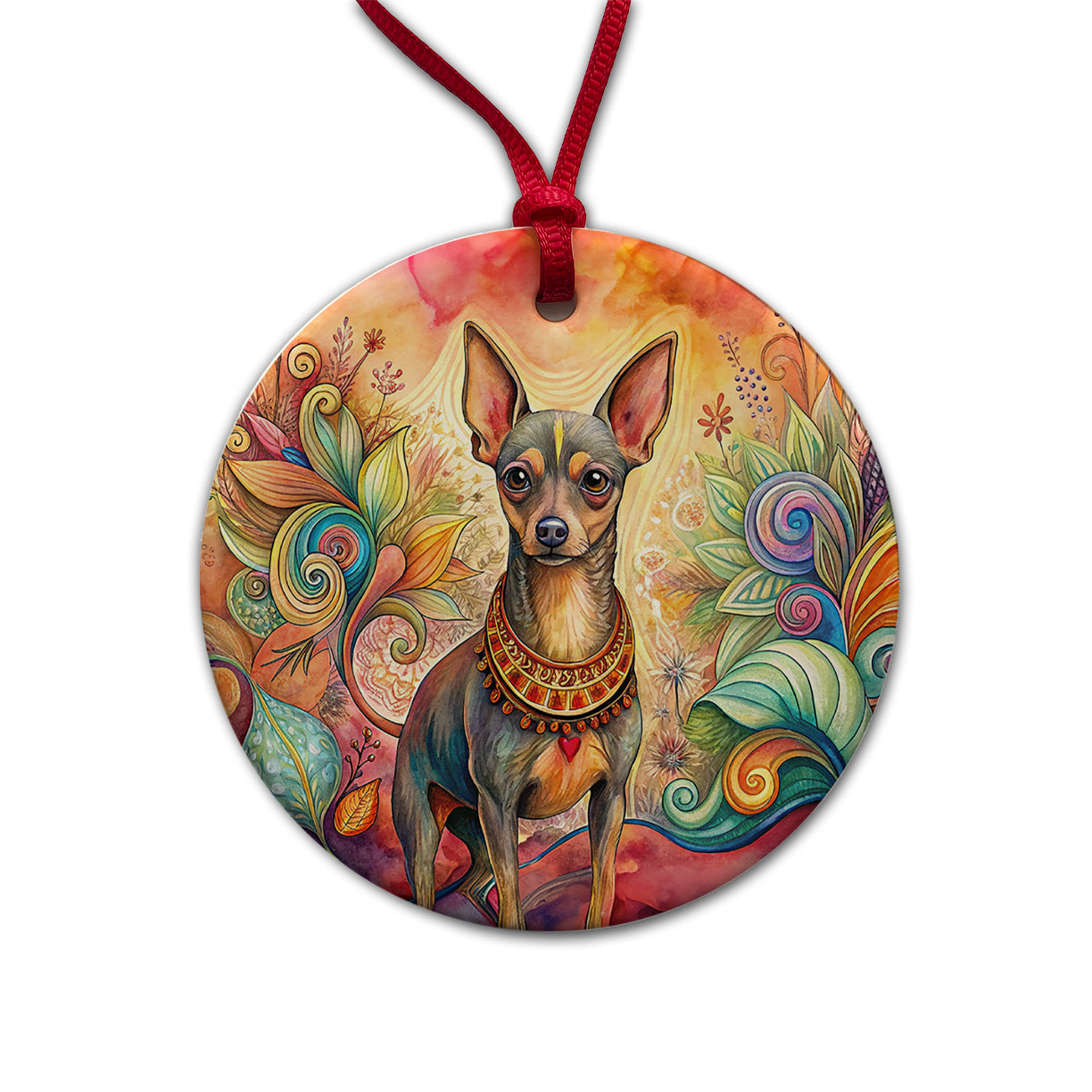 Miniature Pinscher Dog Bohemian Art Round Ceramic Holiday Christmas Tree Ornament
