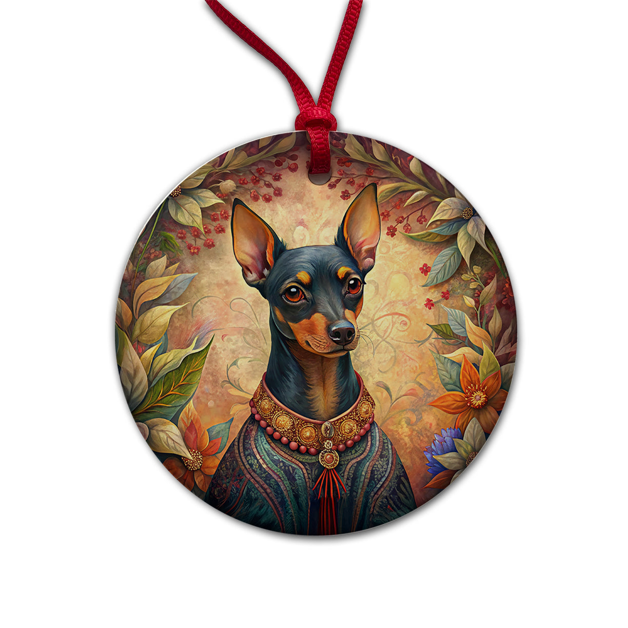 Miniature Pinscher Dog French Bohemian Art Round Ceramic Holiday Christmas Tree Ornament