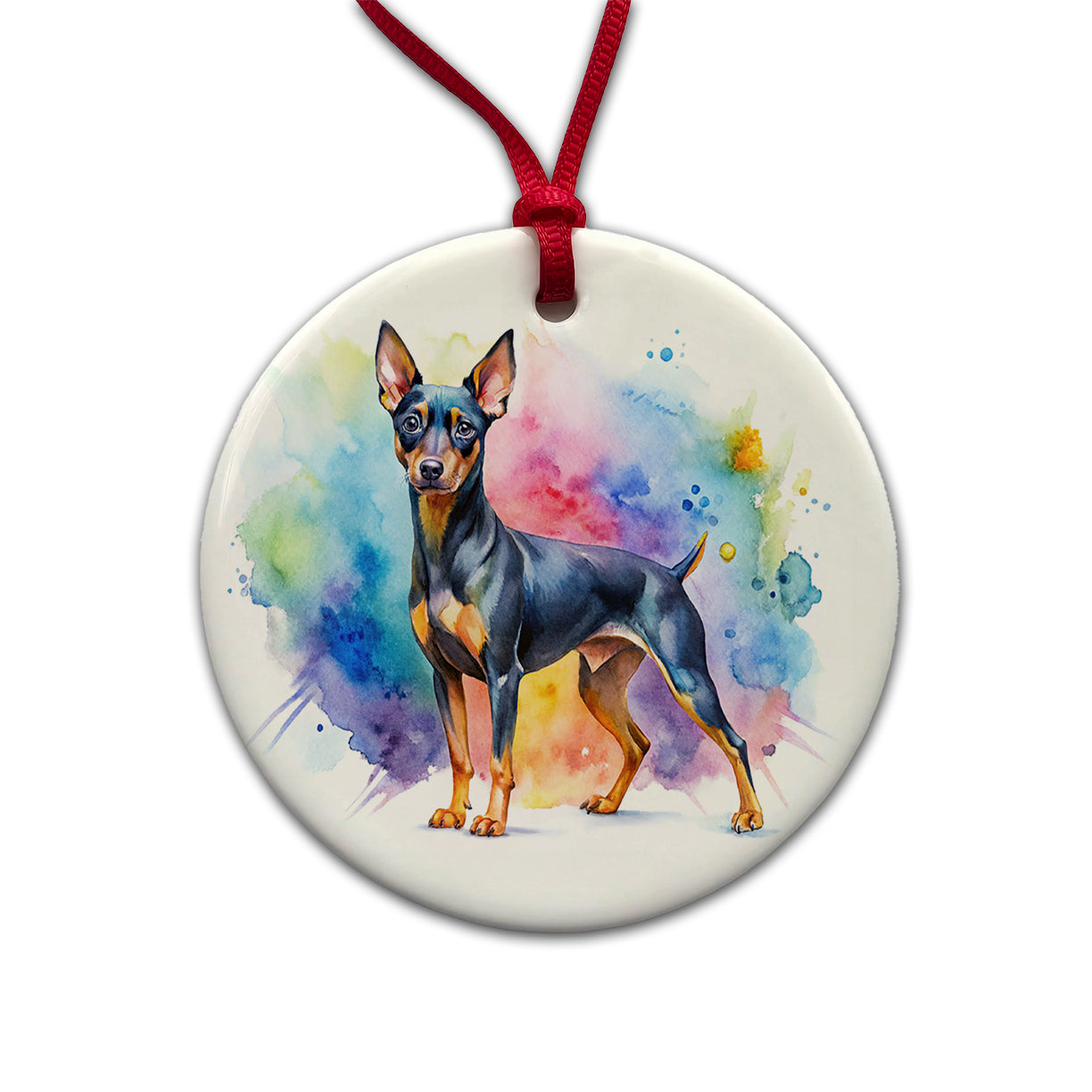 Miniature Pinscher Dog Watercolor Style Round Ceramic Holiday Christmas Tree Ornament