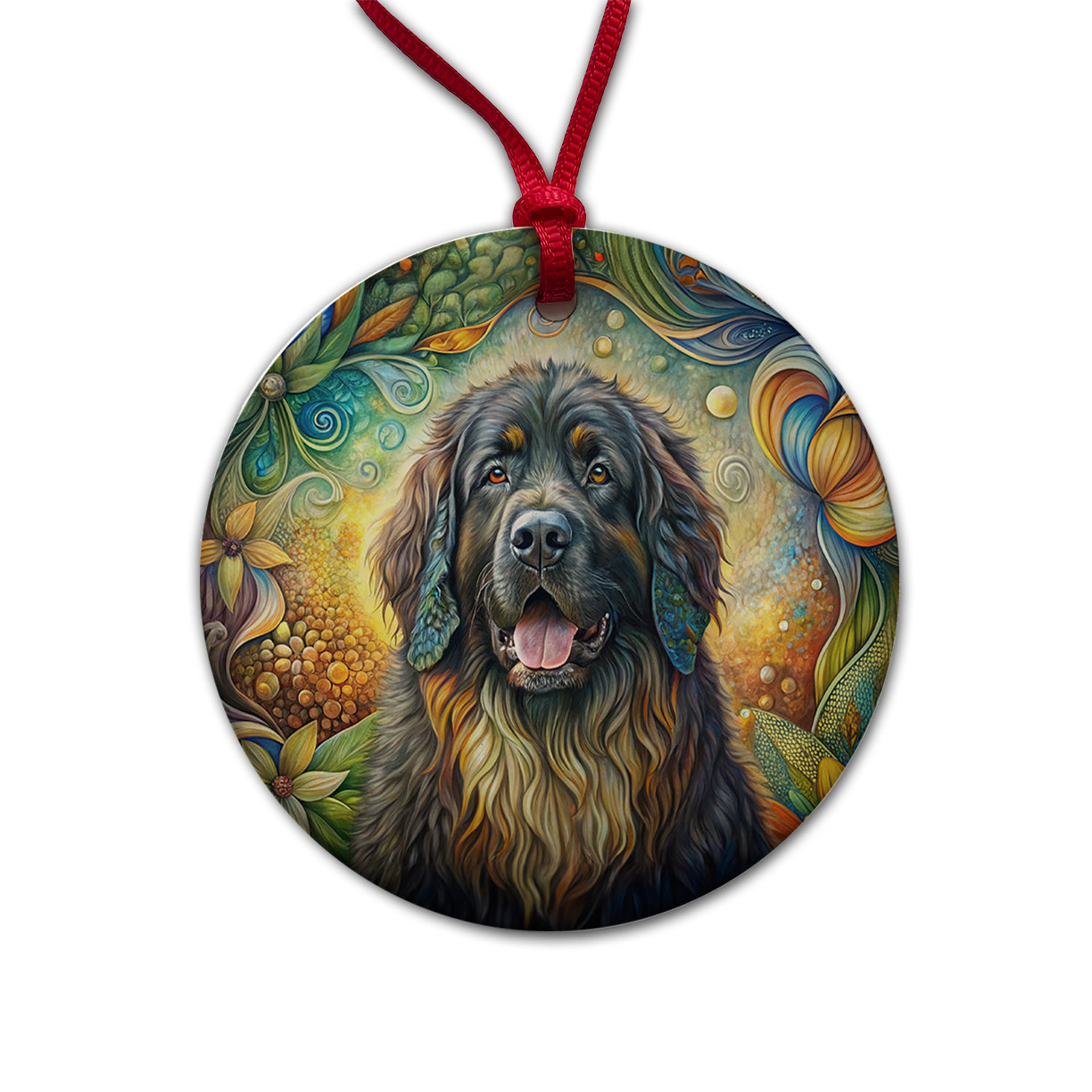 Newfoundland Dog Bohemian Art Round Ceramic Holiday Christmas Tree Ornament