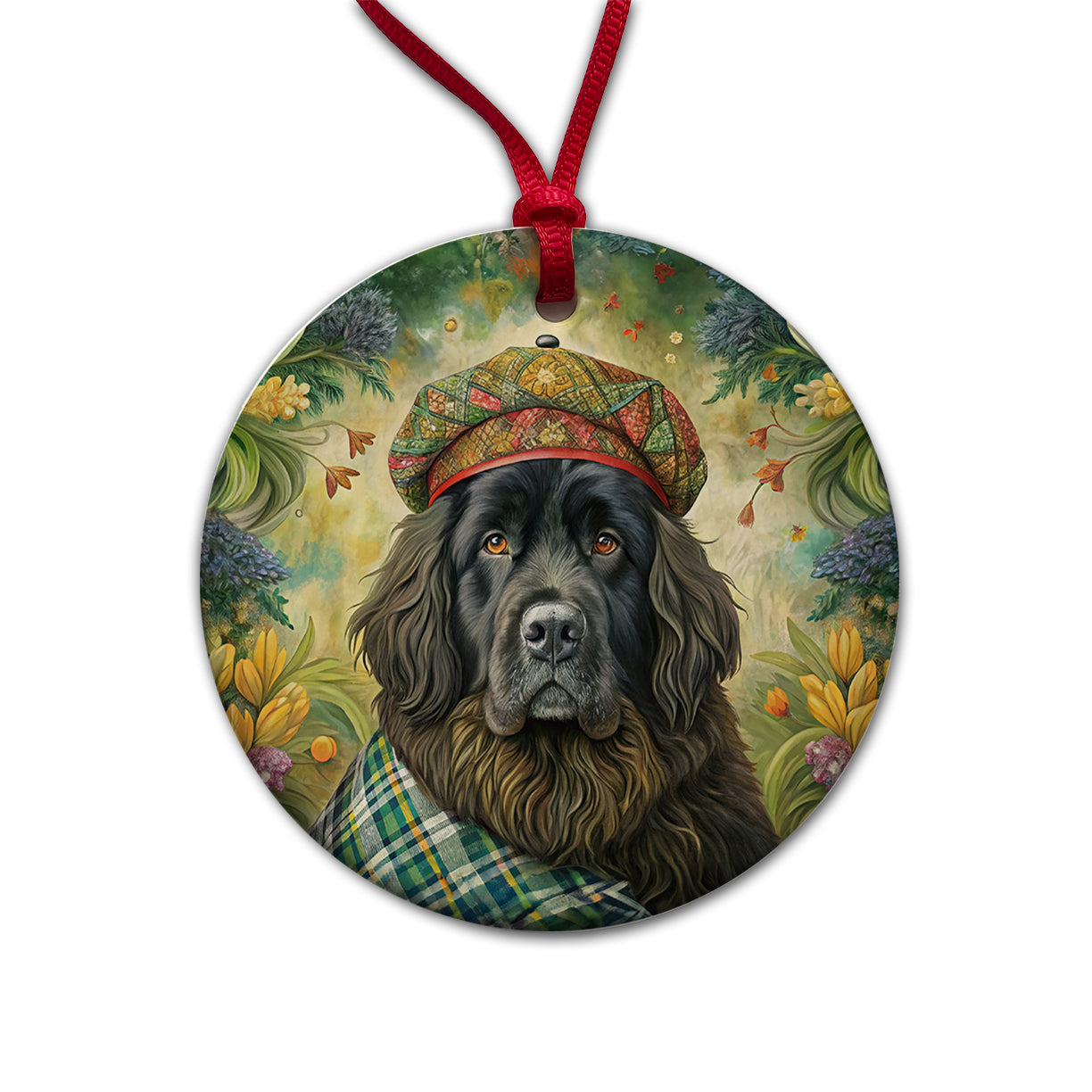 Newfoundland Dog French Bohemian Art Round Ceramic Holiday Christmas Tree Ornament