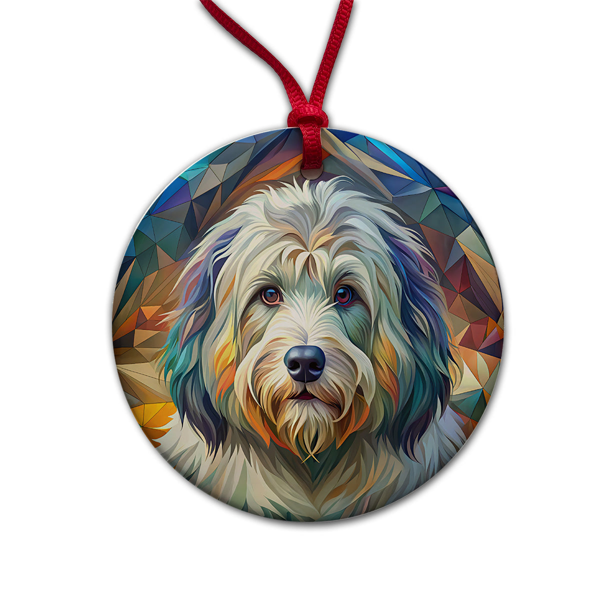 Old English Sheepdog Dog Abstract Stylized Art Round Ceramic Holiday Christmas Tree Ornament