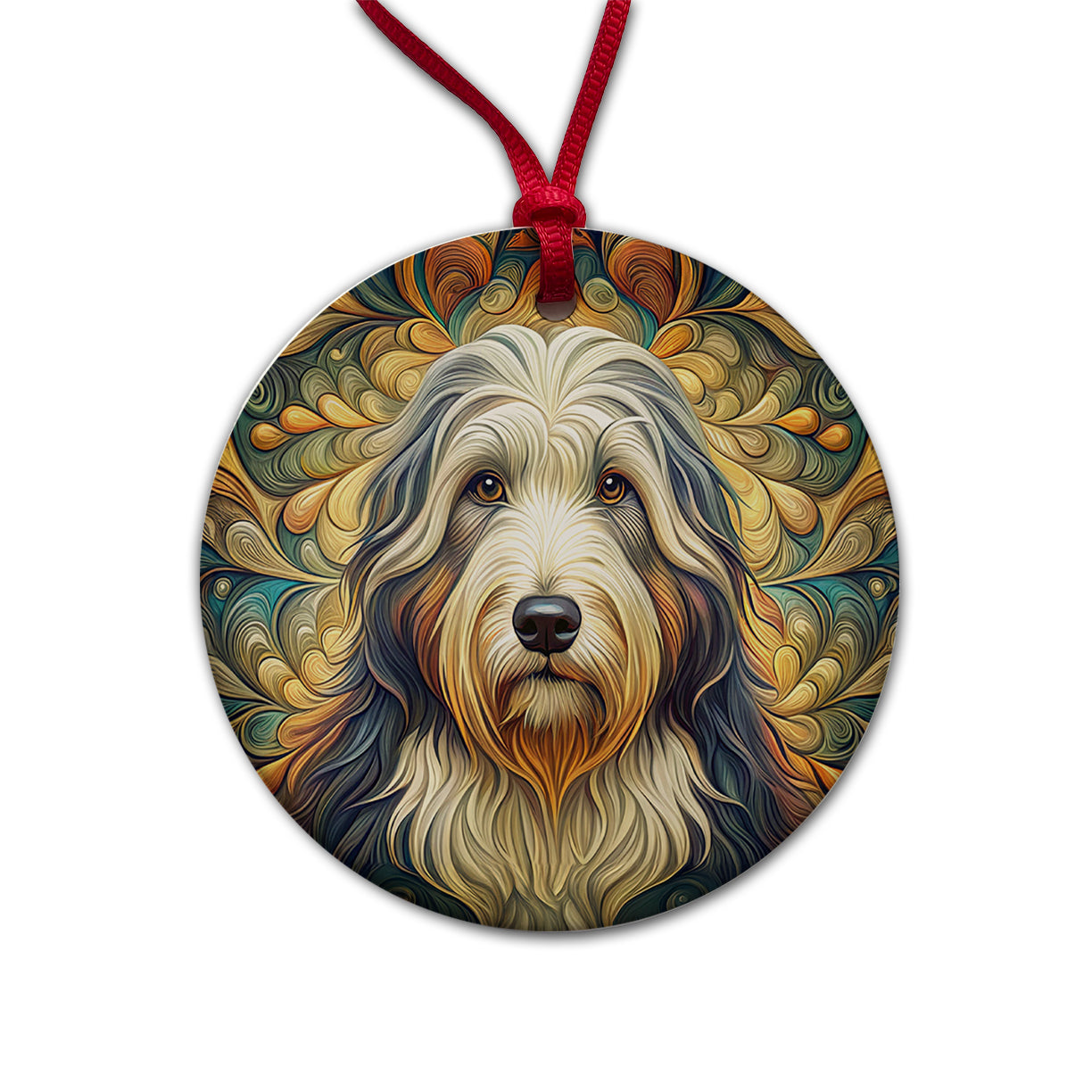 Old English Sheepdog Dog Art Nouveau Round Ceramic Holiday Christmas Tree Ornament