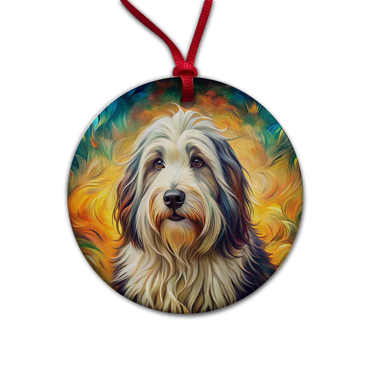 Old English Sheepdog Dog Bohemian Art Round Ceramic Holiday Christmas Tree Ornament